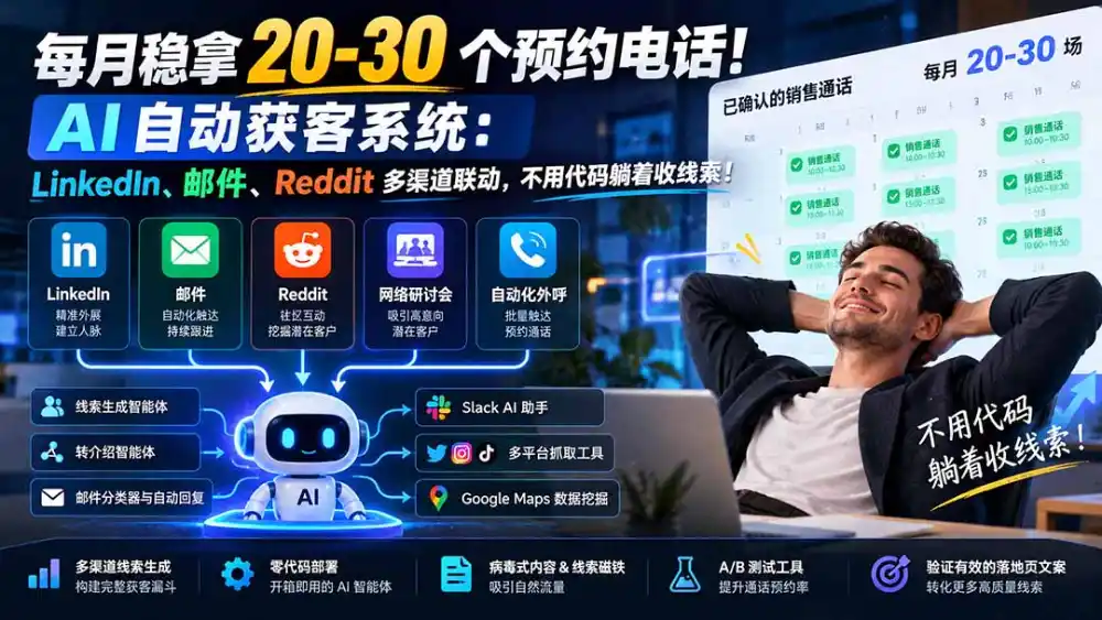 每月稳拿 20-30 个预约电话!AI 自动获客系统:LinkedIn、邮件、Reddit 多渠道联动,不用代码躺着收线索! 每月稳拿 20-30 个预约电话!AI 自动获客系统:LinkedIn、邮件、Reddit 多渠道联动,不用代码躺着收线索!