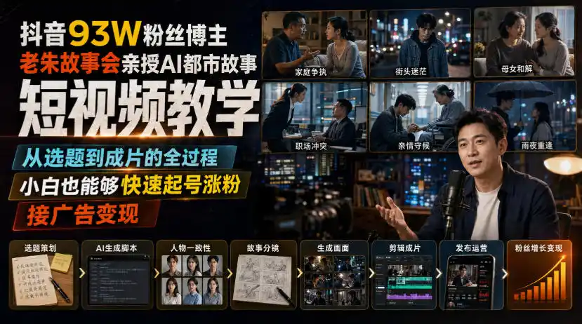 抖音93W粉丝博主老朱故事会亲授AI都市故事短视频教学,从选题到成片的全过程,小白也能够快速起号涨粉接广告变现 抖音93W粉丝博主老朱故事会亲授AI都市故事短视频教学,从选题到成片的全过程,小白也能够快速起号涨粉接广告变现