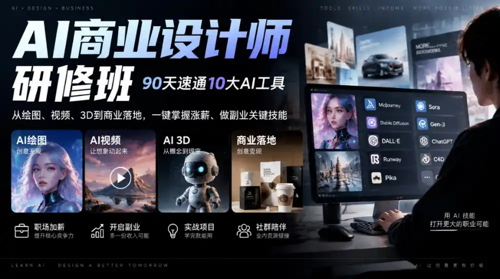 AI商业设计师研修班,90天速通10大AI工具,从绘图、视频、3D到商业落地,一键掌握涨薪、做副业关键技能 AI商业设计师研修班,90天速通10大AI工具,从绘图、视频、3D到商业落地,一键掌握涨薪、做副业关键技能