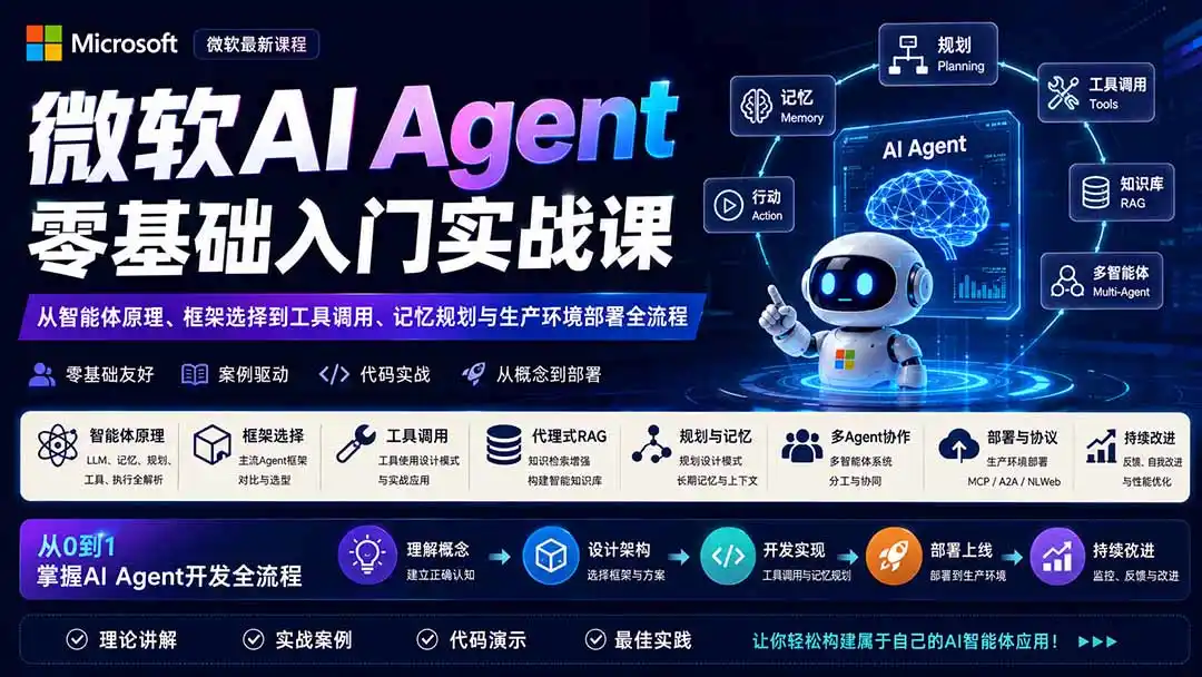 微软AI Agent零基础入门实战课:从智能体原理、框架选择到工具调用、记忆规划与生产环境部署全流程 微软AI Agent零基础入门实战课:从智能体原理、框架选择到工具调用、记忆规划与生产环境部署全流程