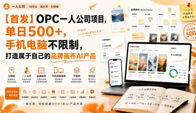 【首发】OPC一人公司项目，单日500+，手机电脑不限制，打造属于自己的品牌画布AI产品，收费陪跑【揭秘】