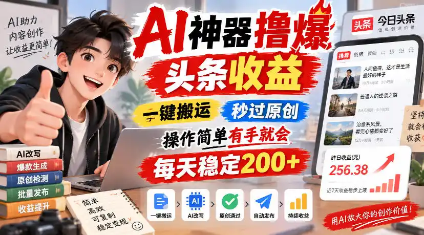 AI神器撸爆头条收益,一键搬运,秒过原创,操作简单有手就会,每天稳定200+【揭秘】 AI神器撸爆头条收益,一键搬运,秒过原创,操作简单有手就会,每天稳定200+【揭秘】