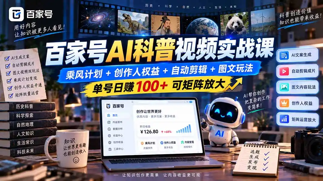 百家号AI科普视频实战课:乘风计划+创作人权益+自动剪辑+图文玩法,单号日赚100+可矩阵放大 百家号AI科普视频实战课:乘风计划+创作人权益+自动剪辑+图文玩法,单号日赚100+可矩阵放大