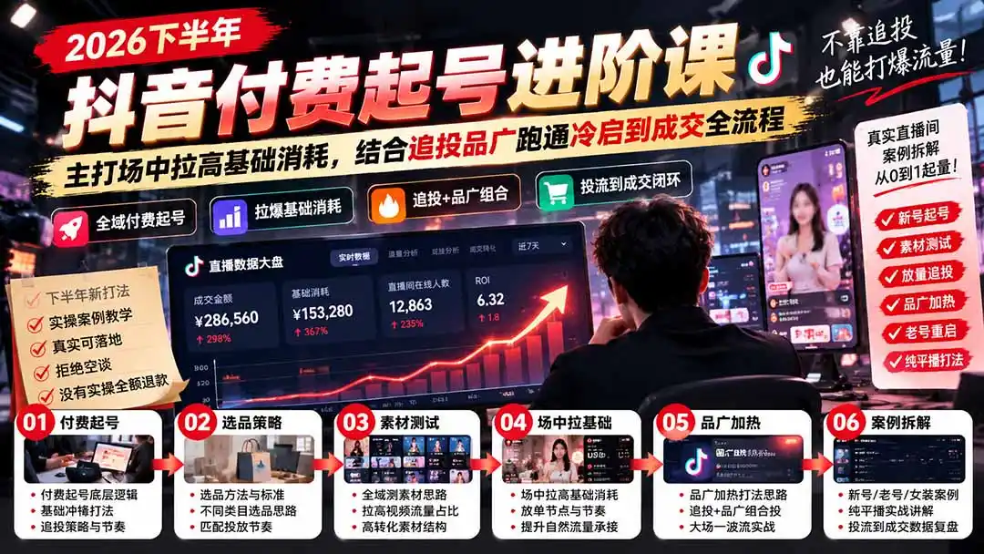 2026下半年抖音付费起号进阶课:主打场中拉高基础消耗,结合追投品广跑通冷启到成交全流程 2026下半年抖音付费起号进阶课:主打场中拉高基础消耗,结合追投品广跑通冷启到成交全流程