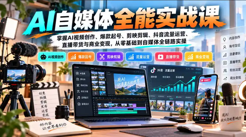 【无水印】AI自媒体全能实战课,掌握AI视频创作、爆款起号、剪映剪辑、抖音流量运营、直播带货与商业变现,从零基础到自媒体全链路实操 【无水印】AI自媒体全能实战课,掌握AI视频创作、爆款起号、剪映剪辑、抖音流量运营、直播带货与商业变现,从零基础到自媒体全链路实操