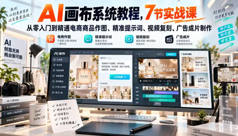 AI画布系统教程,7节实战课从零入门到精通电商商品作图、精准提示词、视频复刻、广告成片制作 AI画布系统教程,7节实战课从零入门到精通电商商品作图、精准提示词、视频复刻、广告成片制作