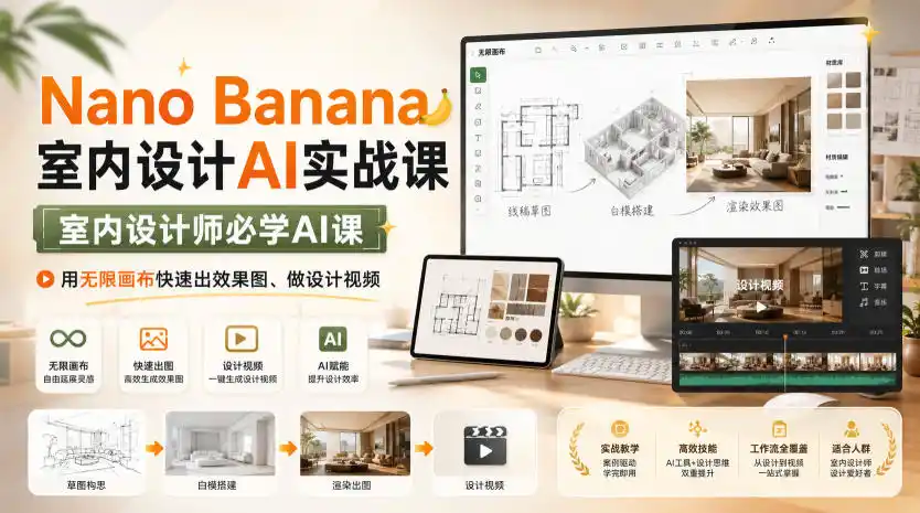 Nano Banana室内设计AI实战课,室内设计师必学AI课,用无限画布快速出效果图、做设计视频 Nano Banana室内设计AI实战课,室内设计师必学AI课,用无限画布快速出效果图、做设计视频