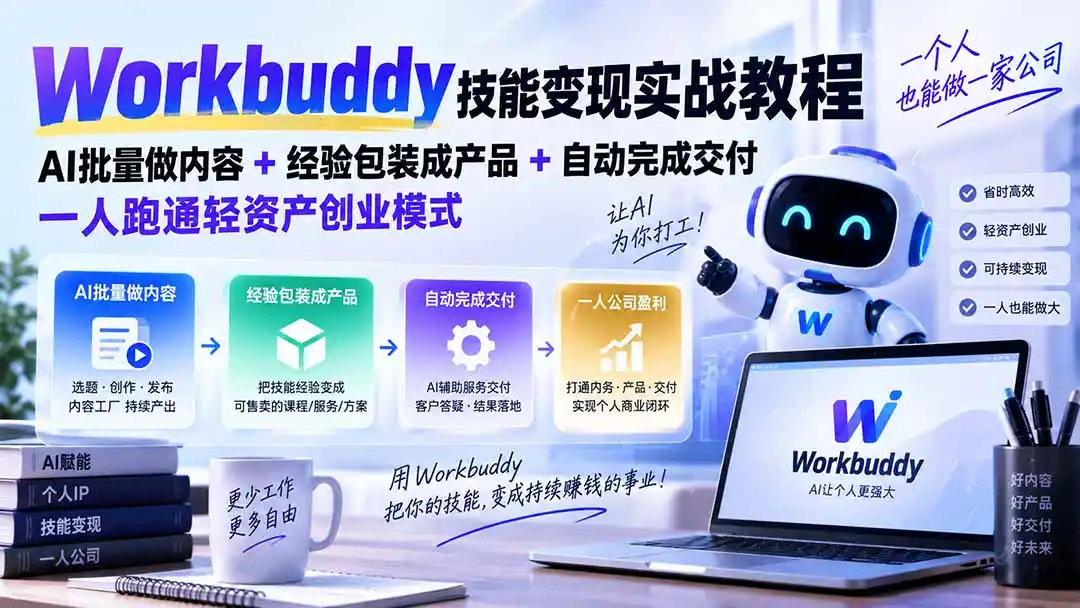 Workbuddy技能变现实战教程:AI批量做内容+经验包装成产品+自动完成交付,一人跑通轻资产创业模式 Workbuddy技能变现实战教程:AI批量做内容+经验包装成产品+自动完成交付,一人跑通轻资产创业模式