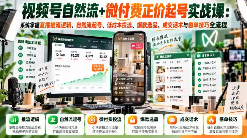 视频号自然流+微付费正价起号实战课:系统掌握直播推流逻辑、自然流起号、低成本投流、爆款选品、成交话术与憋单技巧全流程 视频号自然流+微付费正价起号实战课:系统掌握直播推流逻辑、自然流起号、低成本投流、爆款选品、成交话术与憋单技巧全流程