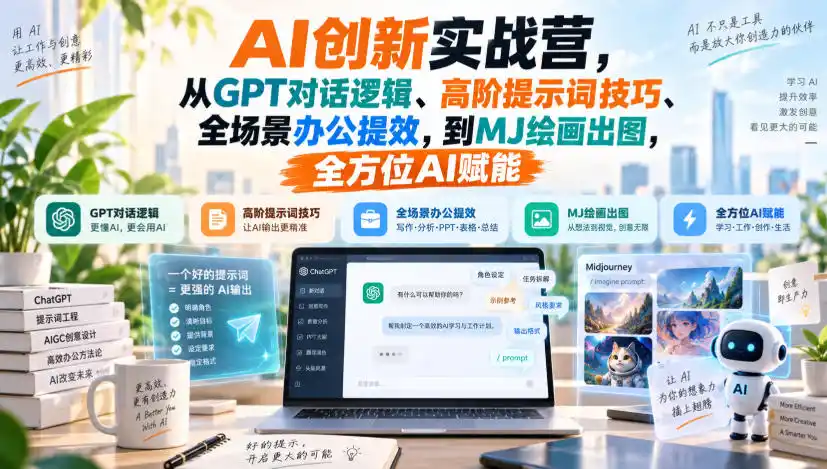 AI创新实战营,从GPT对话逻辑、高阶提示词技巧、全场景办公提效,到MJ绘画出图,全方位AI赋能 AI创新实战营,从GPT对话逻辑、高阶提示词技巧、全场景办公提效,到MJ绘画出图,全方位AI赋能