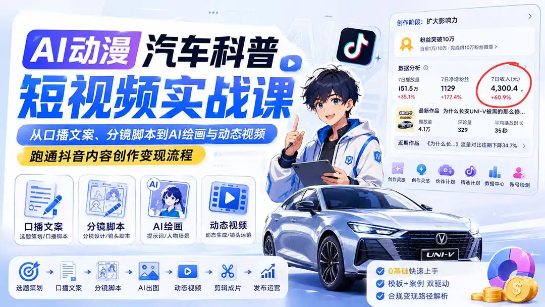 AI动漫汽车科普短视频实战课:从口播文案、分镜脚本到AI绘画与动态视频,跑通抖音内容创作变现流程 AI动漫汽车科普短视频实战课:从口播文案、分镜脚本到AI绘画与动态视频,跑通抖音内容创作变现流程