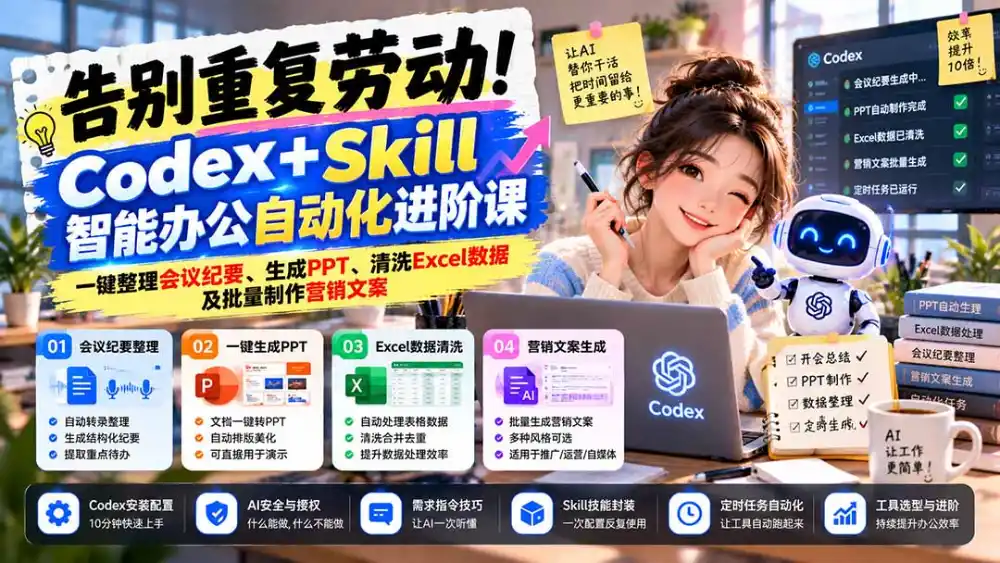 告别重复劳动!Codex+Skill智能办公自动化进阶课:一键整理会议纪要、生成PPT、清洗Excel数据及批量制作营销文案 告别重复劳动!Codex+Skill智能办公自动化进阶课:一键整理会议纪要、生成PPT、清洗Excel数据及批量制作营销文案