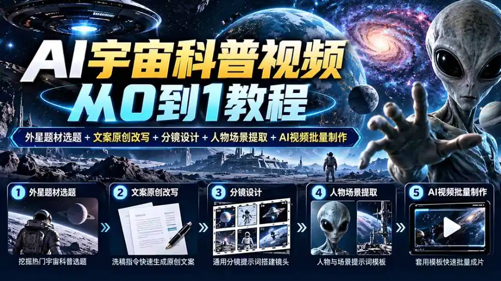 AI宇宙科普视频从0到1教程|外星题材选题+文案原创改写+分镜设计+人物场景提取+AI视频批量制作 AI宇宙科普视频从0到1教程|外星题材选题+文案原创改写+分镜设计+人物场景提取+AI视频批量制作