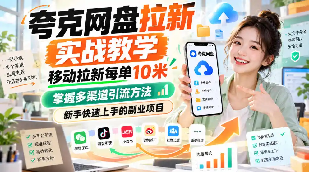 夸克网盘拉新实战教学,移动拉新每单10米,掌握多渠道引流方法,新手快速上手的副业项目 夸克网盘拉新实战教学,移动拉新每单10米,掌握多渠道引流方法,新手快速上手的副业项目