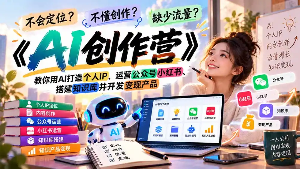 不会定位、不懂创作、缺少流量？《AI创作营》教你用AI打造个人IP、运营公众号小红书、搭建知识库并开发变现产品