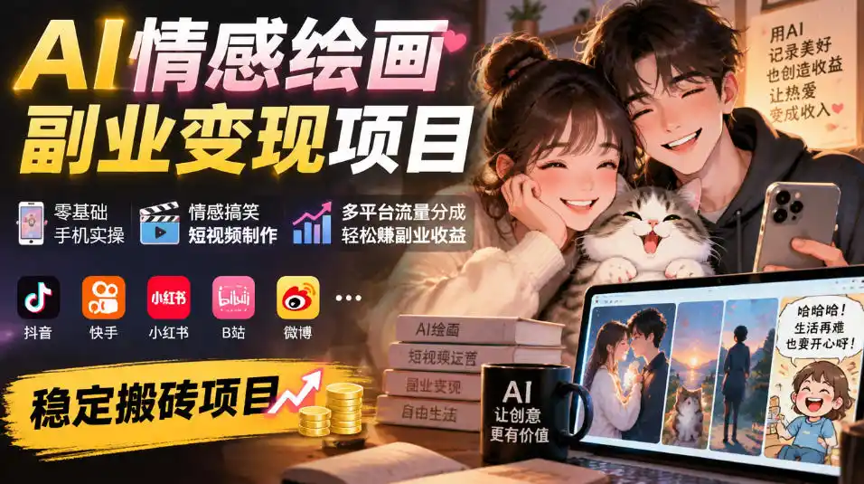 AI情感绘画副业变现项目|零基础手机实操,情感搞笑短视频制作,多平台流量分成轻松賺副业收益 AI情感绘画副业变现项目|零基础手机实操,情感搞笑短视频制作,多平台流量分成轻松賺副业收益