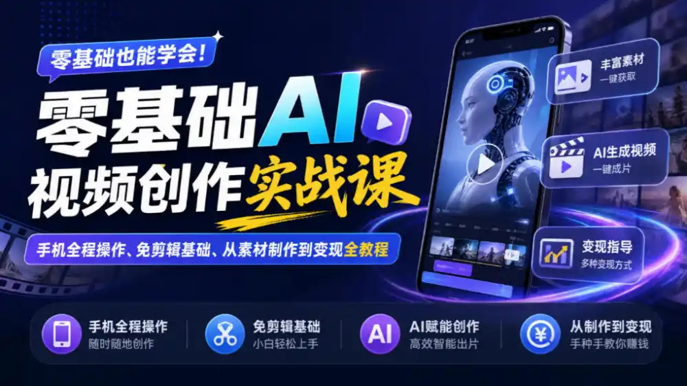 零基础AI视频创作实战课|手机全程操作、免剪辑基础、从素材制作到变现全教程 零基础AI视频创作实战课|手机全程操作、免剪辑基础、从素材制作到变现全教程