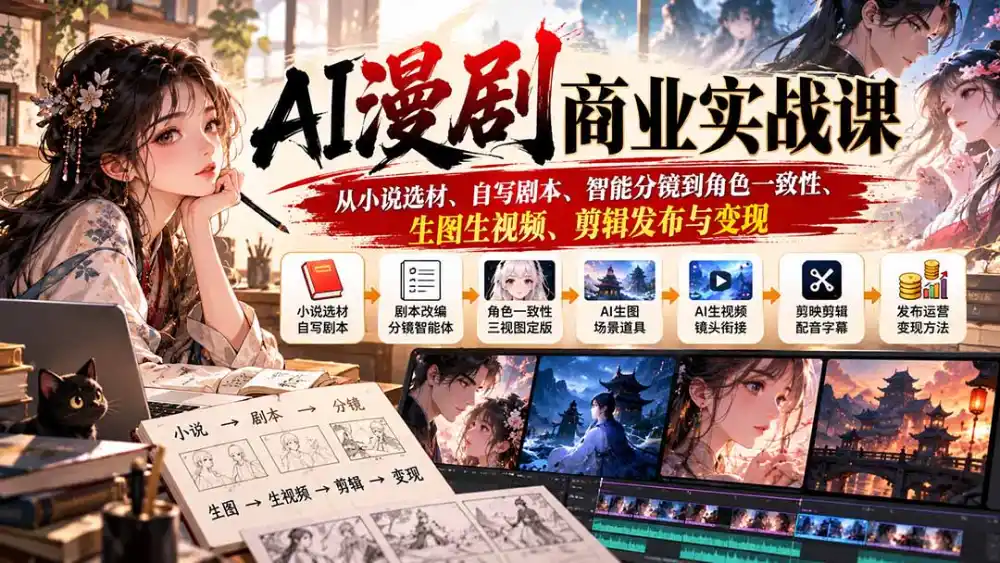 AI漫剧商业实战课:从小说选材、自写剧本、智能分镜到角色一致性、生图生视频、剪辑发布与变现 AI漫剧商业实战课:从小说选材、自写剧本、智能分镜到角色一致性、生图生视频、剪辑发布与变现