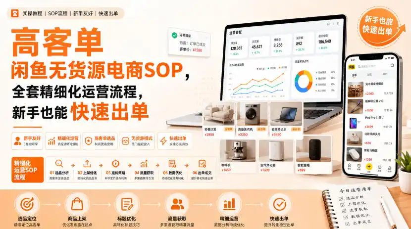 高客单闲鱼无货源电商SOP，全套精细化运营流程，新手也能快速出单