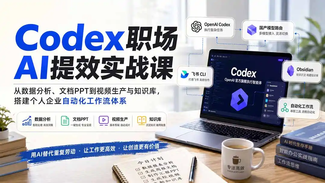 Codex职场AI提效实战课:从数据分析、文档PPT到视频生产与知识库,搭建个人企业自动化工作流体系 Codex职场AI提效实战课:从数据分析、文档PPT到视频生产与知识库,搭建个人企业自动化工作流体系