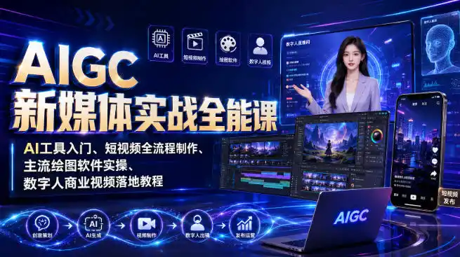 AIGC新媒体实战全能课｜AI工具入门、短视频全流程制作、主流绘图软件实操、数字人商业视频落地教程
