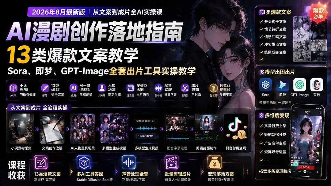 AI漫剧创作落地指南｜13类爆款文案教学，Sora、即梦、GPT-Image全套出片工具实操教学