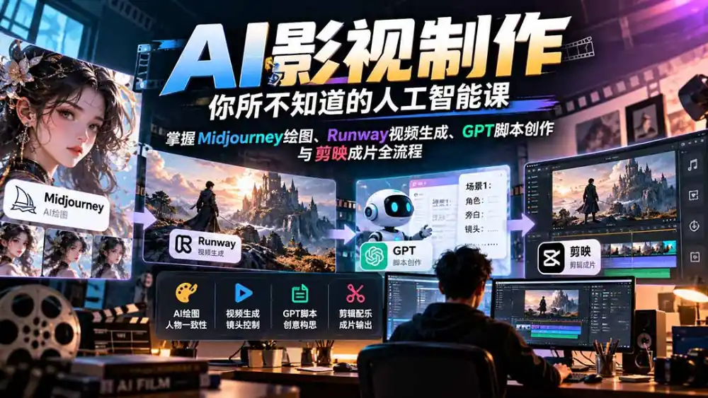 【无水印】AI影视制作-你所不知道的人工智能课,掌握Midjourney绘图、Runway视频生成、GPT脚本创作与剪映成片全流程 【无水印】AI影视制作-你所不知道的人工智能课,掌握Midjourney绘图、Runway视频生成、GPT脚本创作与剪映成片全流程