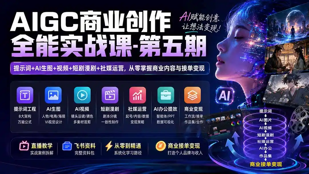 AIGC商业创作全能实战课-第五期:提示词+AI生图+视频+短剧漫剧+社媒运营,从零掌握商业内容与接单变现 AIGC商业创作全能实战课-第五期:提示词+AI生图+视频+短剧漫剧+社媒运营,从零掌握商业内容与接单变现