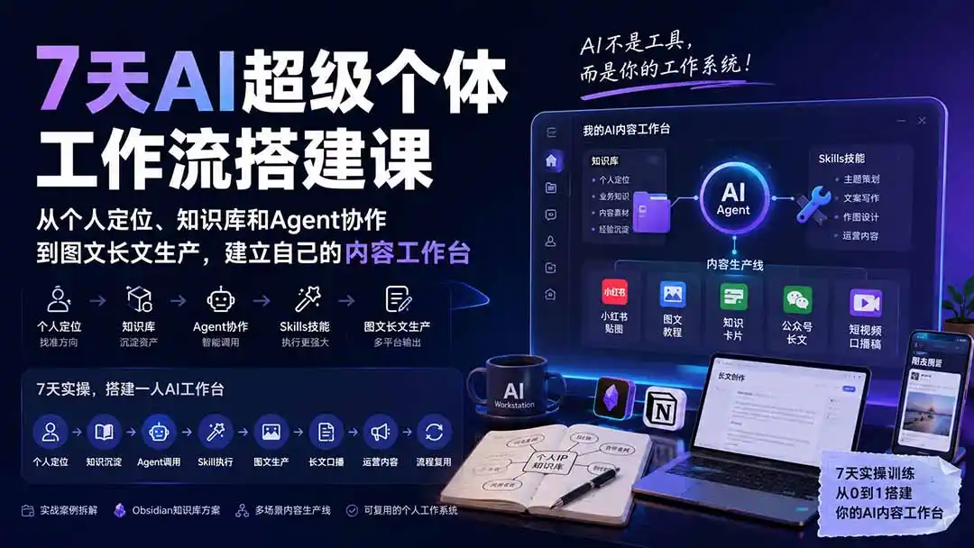 7天AI超级个体工作流搭建课:从个人定位、知识库和Agent协作到图文长文生产,建立自己的内容工作台 7天AI超级个体工作流搭建课:从个人定位、知识库和Agent协作到图文长文生产,建立自己的内容工作台