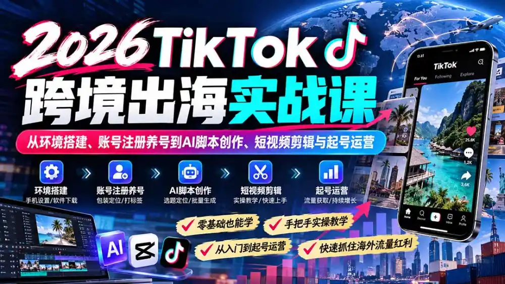 2026TikTok跨境出海实战课:从环境搭建、账号注册养号到AI脚本创作、短视频剪辑与起号运营 2026TikTok跨境出海实战课:从环境搭建、账号注册养号到AI脚本创作、短视频剪辑与起号运营