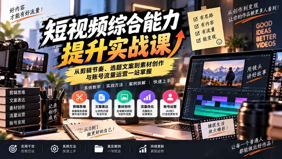 短视频综合能力提升实战课:从剪辑节奏、选题文案到素材创作与账号流量运营一站掌握 短视频综合能力提升实战课:从剪辑节奏、选题文案到素材创作与账号流量运营一站掌握