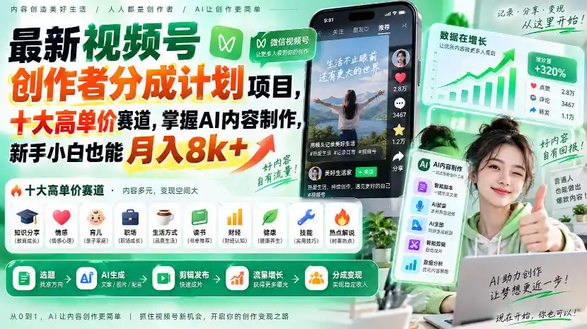 最新视频号创作者分成计划项目,十大高单价赛道,掌握AI内容制作,新手小白也能月入8k+ 最新视频号创作者分成计划项目,十大高单价赛道,掌握AI内容制作,新手小白也能月入8k+