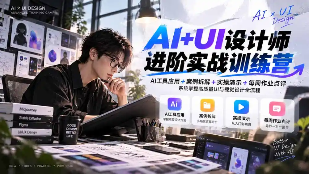 【无水印】AI+UI设计师进阶训练营-第4期：AI工具应用+案例拆解+实操演示+作业点评，掌握高质量UI与视觉设计全流程