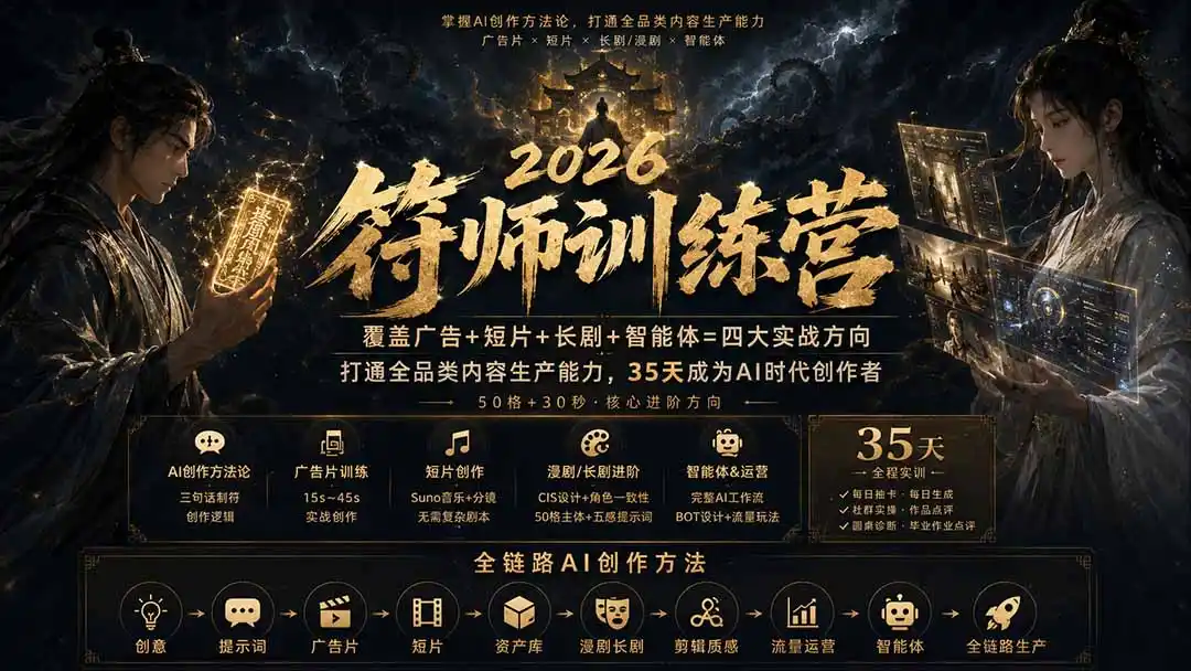 符师训练营-35天成为AI时代创作者,广告+短片+漫剧+智能体四大实战方向,掌握从创意到上线的完整工作流 符师训练营-35天成为AI时代创作者,广告+短片+漫剧+智能体四大实战方向,掌握从创意到上线的完整工作流