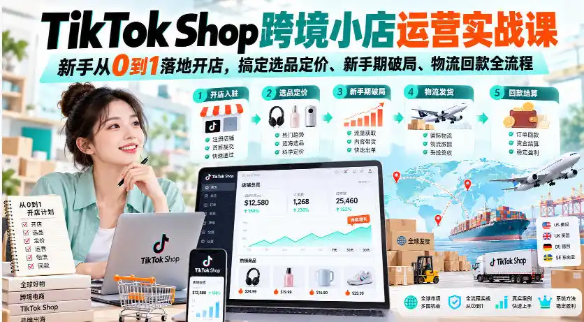 TikTok Shop跨境小店运营实战课，新手从0到1落地开店，搞定选品定价、新手期破局、物流回款全流程