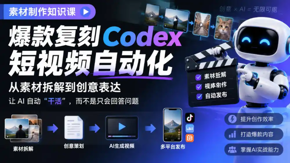 素材制作知识课,爆款复刻Codex短视频自动化,从素材拆解到创意表达,让AI自动“干活”,而不是只会回答问题 素材制作知识课,爆款复刻Codex短视频自动化,从素材拆解到创意表达,让AI自动“干活”,而不是只会回答问题