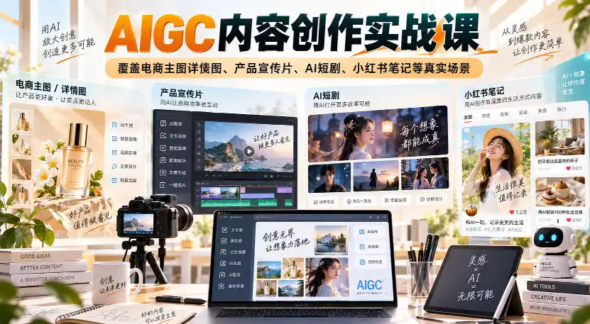 AIGC内容创作实战课,覆盖电商主图详情图、产品宣传片、AI短剧、小红书笔记等真实场景 AIGC内容创作实战课,覆盖电商主图详情图、产品宣传片、AI短剧、小红书笔记等真实场景