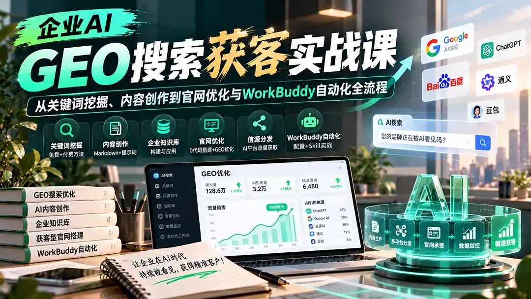 企业AI GEO搜索获客实战课:从关键词挖掘、内容创作到官网优化与WorkBuddy自动化全流程 企业AI GEO搜索获客实战课:从关键词挖掘、内容创作到官网优化与WorkBuddy自动化全流程