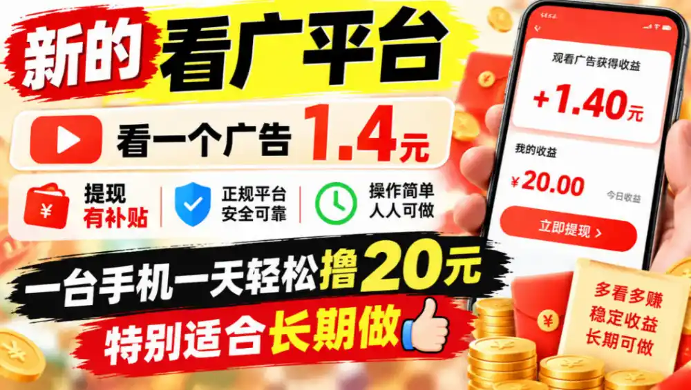 一个新的看广平台,看一个广告1.4元,提现有补贴,一台手机一天轻松撸20+,特别适合长期做【揭秘】 一个新的看广平台,看一个广告1.4元,提现有补贴,一台手机一天轻松撸20+,特别适合长期做【揭秘】