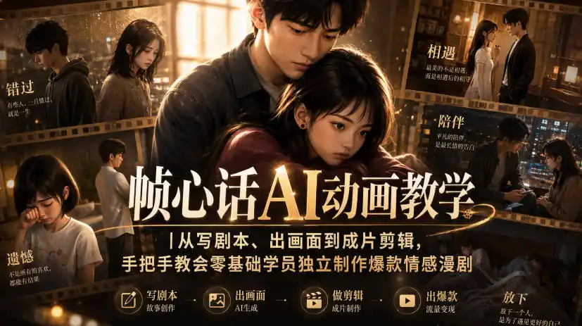 帧心话AI动画教学｜从写剧本、出画面到成片剪辑，手把手教会零基础学员独立制作爆款情感漫剧
