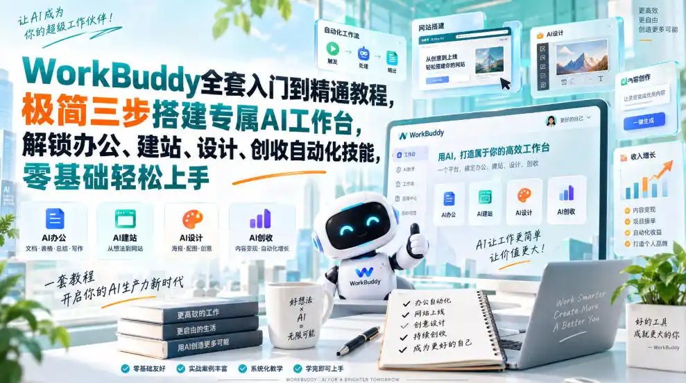 WorkBuddy全套入门到精通教程,极简三步搭建专属AI工作台,解锁办公、建站、设计、创收自动化技能,零基础轻松上手 WorkBuddy全套入门到精通教程,极简三步搭建专属AI工作台,解锁办公、建站、设计、创收自动化技能,零基础轻松上手