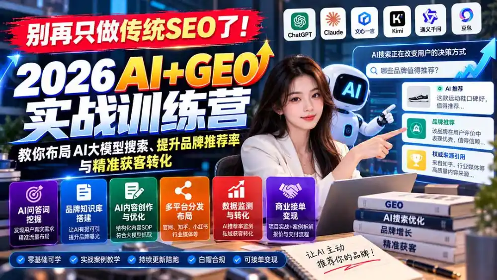 别再只做传统SEO了!《2026AI+GEO实战训练营》教你布局AI大模型搜索、提升品牌推荐率与精准获客转化 别再只做传统SEO了!《2026AI+GEO实战训练营》教你布局AI大模型搜索、提升品牌推荐率与精准获客转化