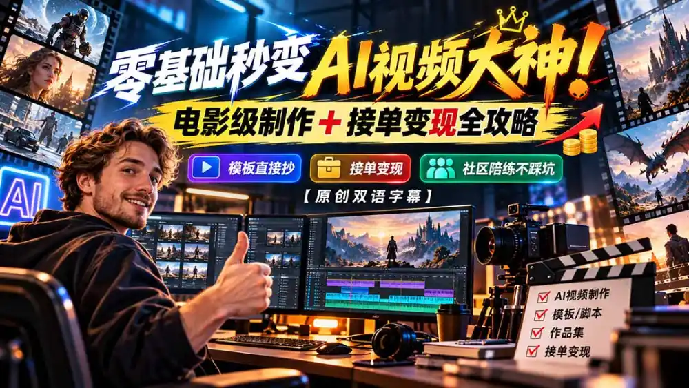 零基础秒变AI视频大神!电影级制作 + 接单变现全攻略,模板直接抄,社区陪练不踩坑【原创双语字幕】 零基础秒变AI视频大神!电影级制作 + 接单变现全攻略,模板直接抄,社区陪练不踩坑【原创双语字幕】