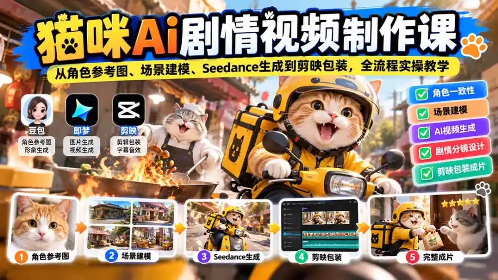 猫咪AI剧情视频制作课:从角色参考图、场景建模、Seedance生成到剪映包装,全流程实操教学 猫咪AI剧情视频制作课:从角色参考图、场景建模、Seedance生成到剪映包装,全流程实操教学
