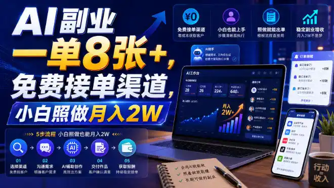 AI副业一单8张+，免费接单渠道，小白照做月入2W【揭秘】