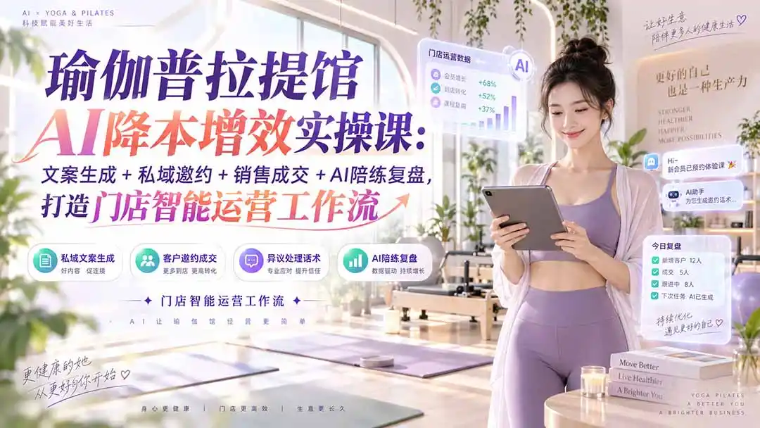 瑜伽普拉提馆AI降本增效实操课:文案生成+私域邀约+销售成交+AI陪练复盘,打造门店智能运营工作流 瑜伽普拉提馆AI降本增效实操课:文案生成+私域邀约+销售成交+AI陪练复盘,打造门店智能运营工作流