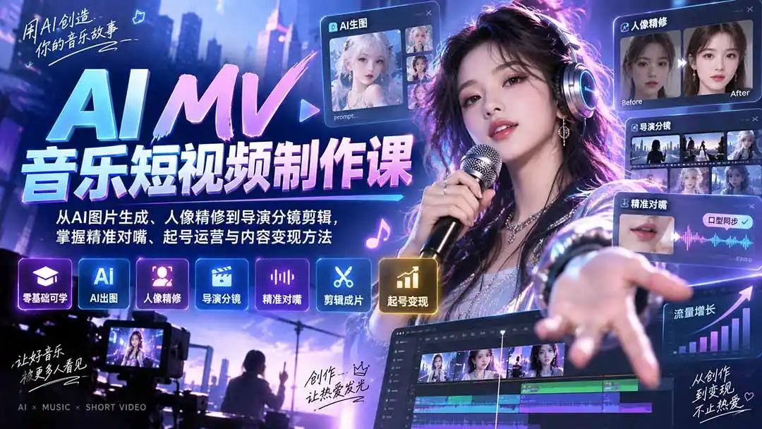 AI MV音乐短视频制作课:从AI图片生成、人像精修到导演分镜剪辑,掌握精准对嘴、起号运营与内容变现方法 AI MV音乐短视频制作课:从AI图片生成、人像精修到导演分镜剪辑,掌握精准对嘴、起号运营与内容变现方法