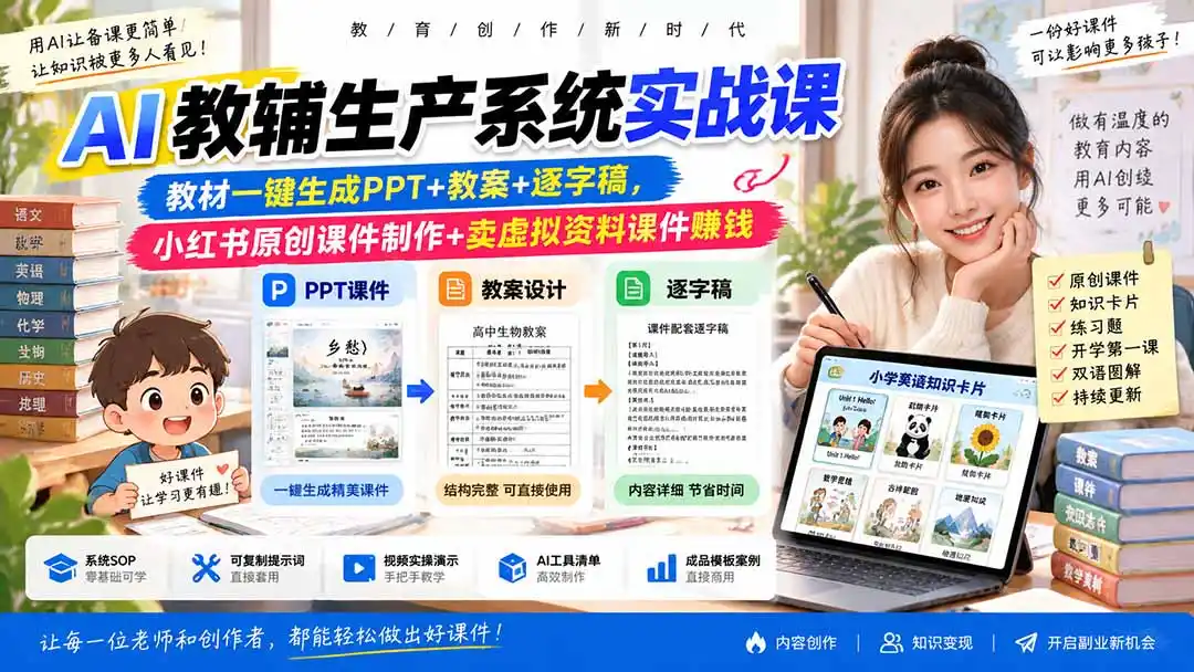 AI教辅生产系统实战课|教材一键生成PPT+教案+逐字稿,小红书原创课件制作+卖虚拟资料课件赚钱 AI教辅生产系统实战课|教材一键生成PPT+教案+逐字稿,小红书原创课件制作+卖虚拟资料课件赚钱