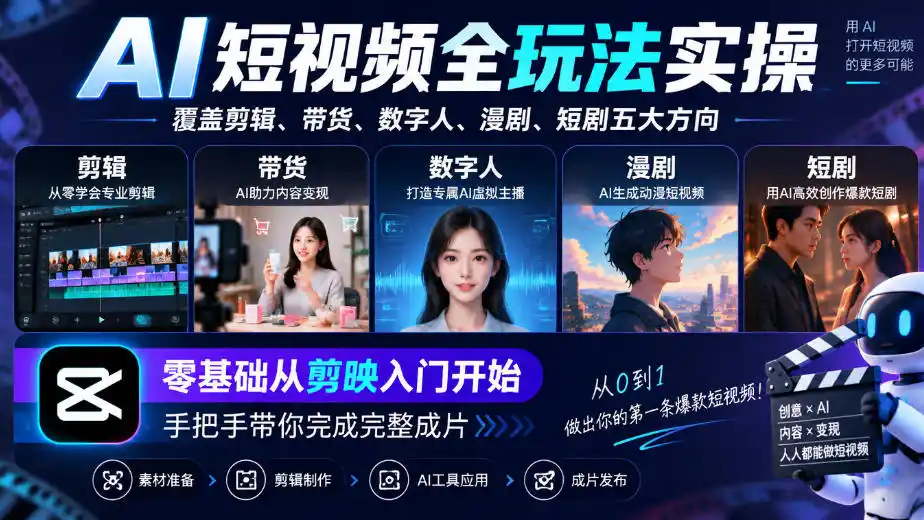 AI短视频全玩法实操,覆盖剪辑、带货、数字人、漫剧、短剧五大方向,零基础从剪映入门开始,手把手带你完成完整成片 AI短视频全玩法实操,覆盖剪辑、带货、数字人、漫剧、短剧五大方向,零基础从剪映入门开始,手把手带你完成完整成片