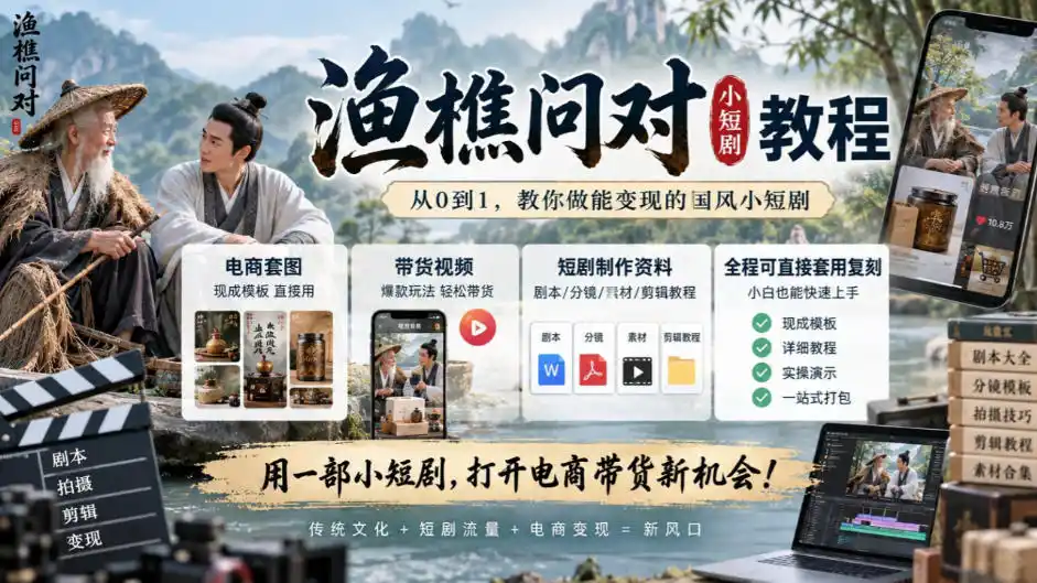 渔樵问对小短剧教程,包含电商套图、带货视频,短剧制作资料,全程可直接套用复刻 渔樵问对小短剧教程,包含电商套图、带货视频,短剧制作资料,全程可直接套用复刻